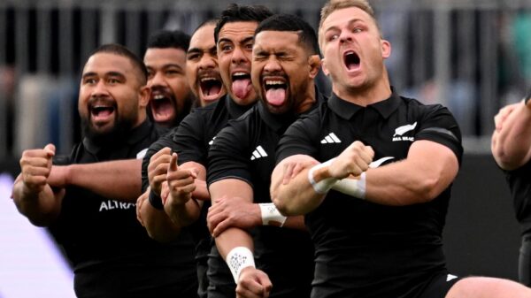 New Zealand players perform the Haka during a past match (Photo by Joe Allison/Getty Images)