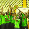 KCB celebrate after winning the national women's volleyball league title. PHOTO/Timothy Olobulu