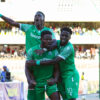 Gor Mahia's Benson Omalla is joined in celebrating his goal by Rodgers Mugisha and Austin odhiambo uring the Mashemeji Derby. PHOTO/Timothy Olobulu