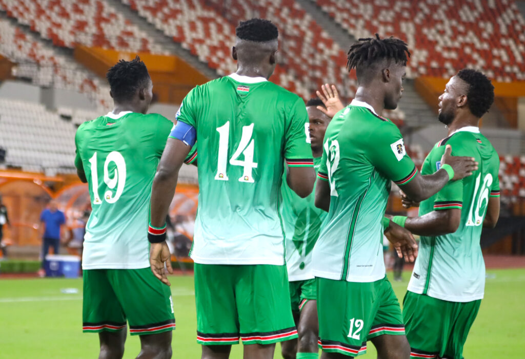 Harambee Stars players celebrate one of their three goals against Seychelles. PHOTO/Ian Muyumba/FKF
