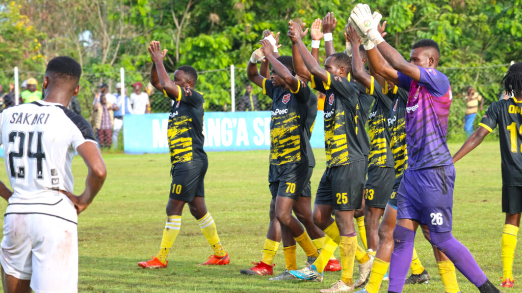 Murang'a Seals players salute their fans after their victory over Tusker FC. PHOTO/Timothy Olobulu
