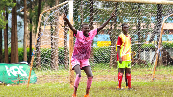 Lewinsky Akinyi celebrates one of her two goals. PHOTO/Timothy Olobulu