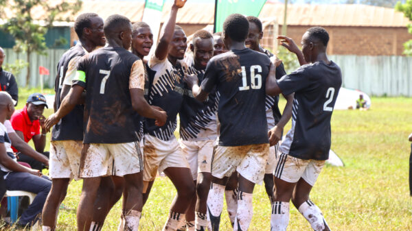 Homabay players celebrate their goal against Kirinyaga. PHOTO/Timothy Olobulu