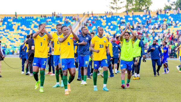 Rwanda players celebrate their win over SOuth Africa. PHOTO/FERWAFA