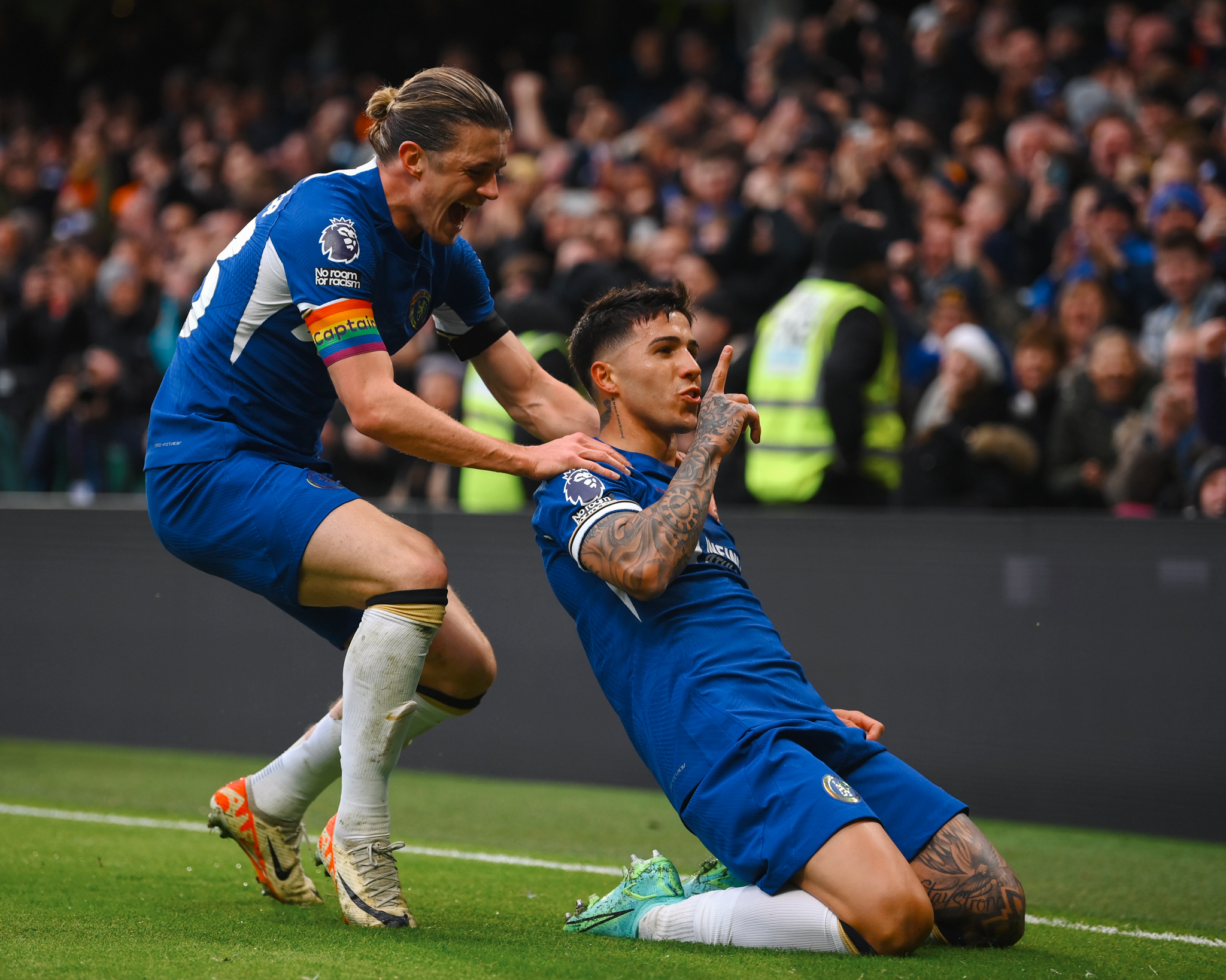 Enzo Fernandez celebrates his goal with Connor Galagher. PHOTO/Chelsea/Twitter