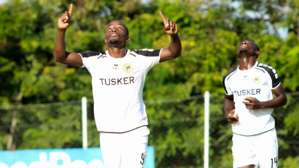 Eric Kapaito celebrates his first goal for Tusker FC. PHOTO/Timothy Olobulu/Tusker FC